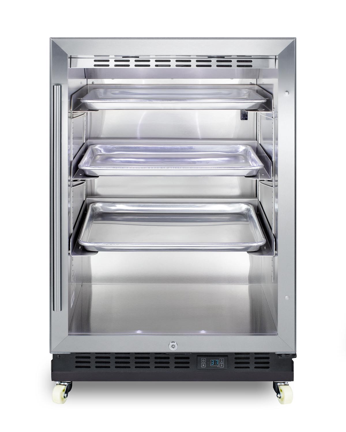 Built-in undercounter mini reach-in commercial beverage center w/SS interior, sheet pans and adjustable tray supports, chrome shelves, lock, digital thermostat, and removable dolly